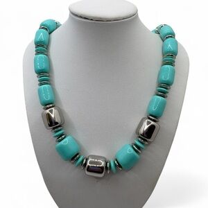 Vintage 80s Beaded Necklace Faux Turquoise Silver Tone‎ 18” Chunky Bright